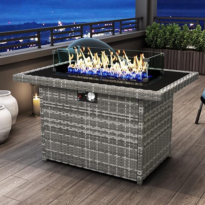 44 Inch Propane Gas Fire Pits Table for Outside Patio, 60000 BTU Rectangular Outdoor Wicker Rattan Fire Pit with Glass Wind Guard