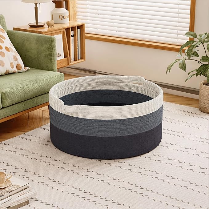 125L Extra Large Blanket Basket, 25" x 16", Jumbo Laundry Woven Basket Decorative Home, Cotton Rope Basket with Handles, Baby Toy Basket for Storage, Gradual Blue