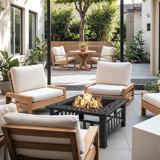 Devoko Outdoor Fire Pit, 32 Inch Firepit Table Metal Outdoor Fireplaces with Waterproof Cover for Outside Patio Camping (Silver)