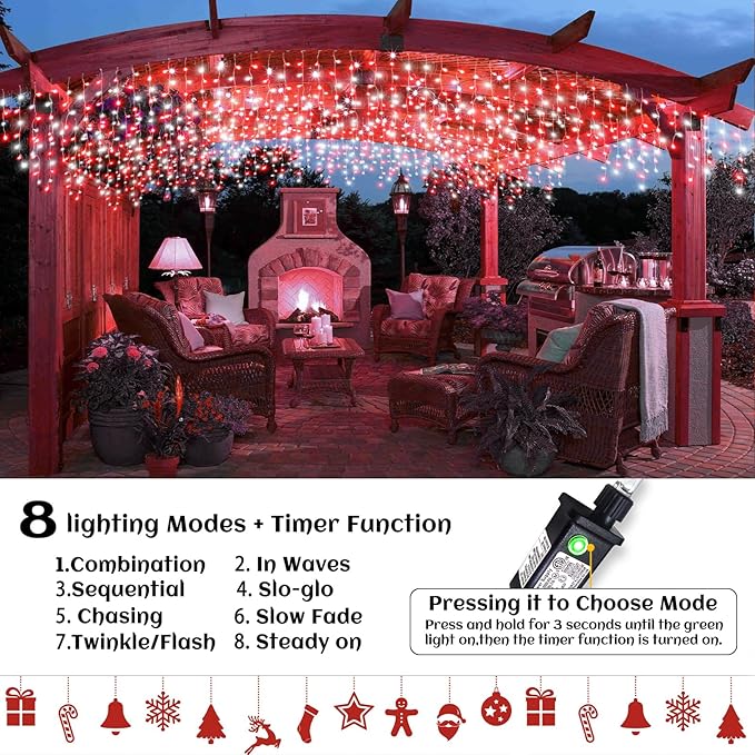 66ft Icicle Lights for Outside, Red and White Christmas Lights Outdoor Indoor, 640 LED Twinkle String Light with 120 Drops Short Curtain Light for Thanksgiving Room Home Wall Bedroom Window Decoration