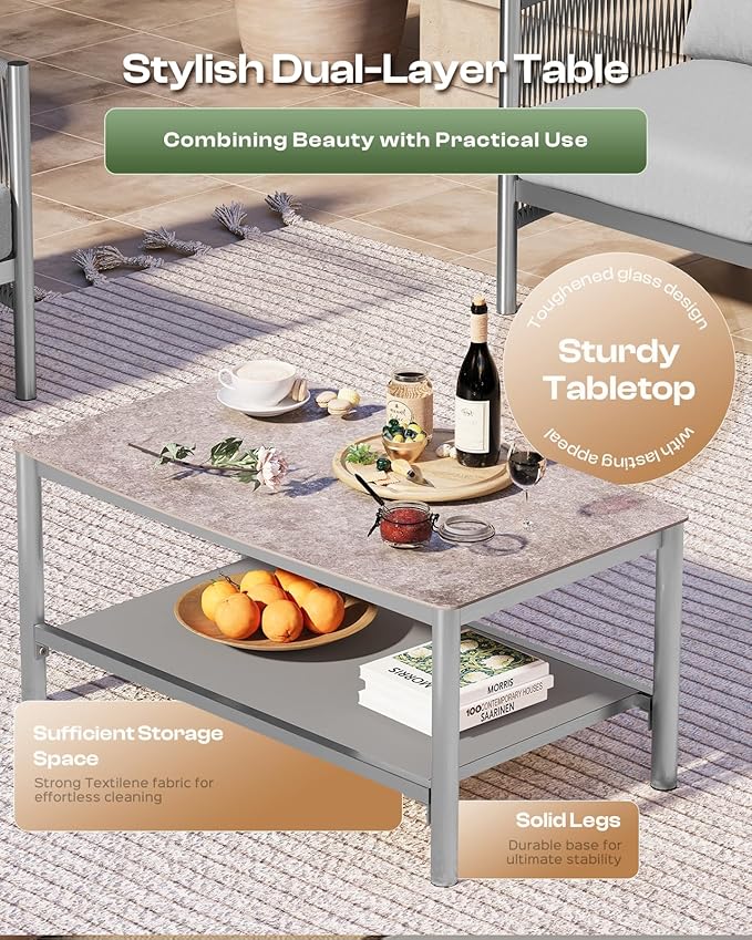 Aluminum Outdoor Sofa Armchair, HDPE Rope Patio Couch with Washable Thick Cushion, All-Weather Outdoor Patio Chairs Set of 2 for Balcony, Yard, Silver Frame, Silver