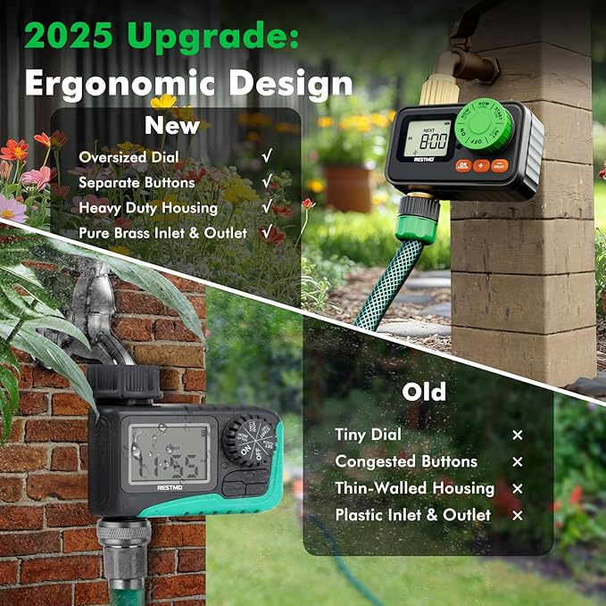 RESTMO RF Remote Controlled Sprinkler Timer with Brass Inlet & Outlet, Programmable Water Timer for Garden Hose, Automatic | Manual | Rain Delay for Outdoor Faucet, Drip Irrigation and Lawn Watering