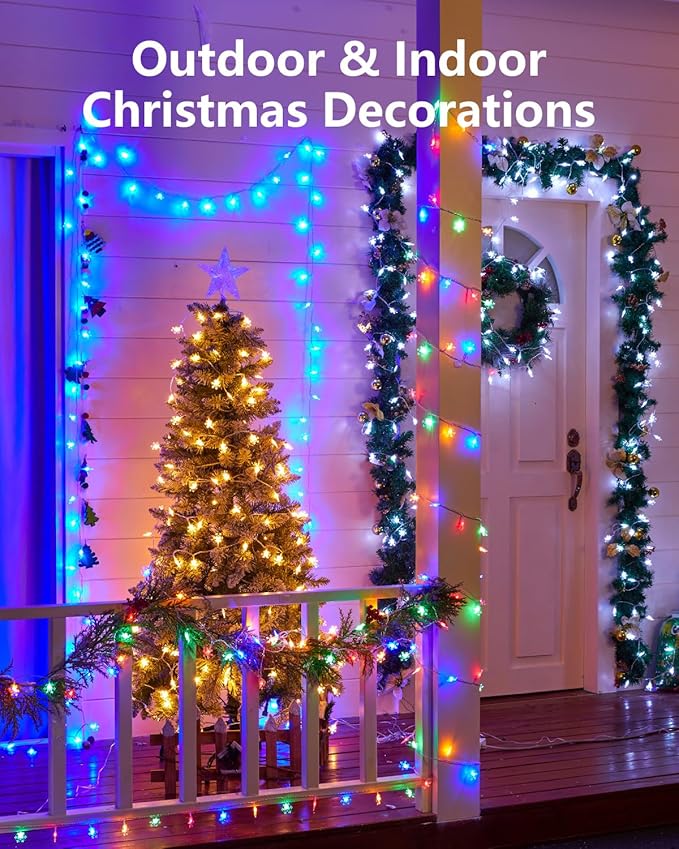 Brightown Solar Christmas Snowflake String Lights, 72FT 200 LED Outdoor Waterproof Fairy Lights with 8 Lighting Modes for Wedding, Party, Tree, Room, Garden, Patio, Yard, Home, Blue&White