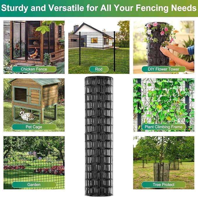 Black PVC Coated Welded Wire Fence 24 Inch x 49 Foot, 2.4" x 2.4" 14GA Garden Fence Roll Vinyl Coating Metal Wire Mesh Fence for Yard Vegetable Plant Protection Outdoor Dogs Poultry Netting