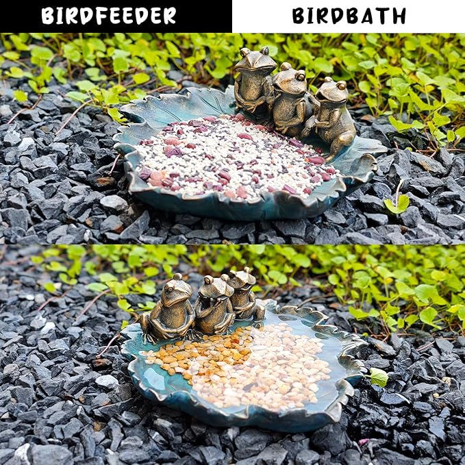 Frog Bird Feeders, Bird Baths for Outdoors, Resin Birdbath Bowl, Outdoor Polyresin Frogs on Leaf Bath Bowl for Outside Yard Table Decor