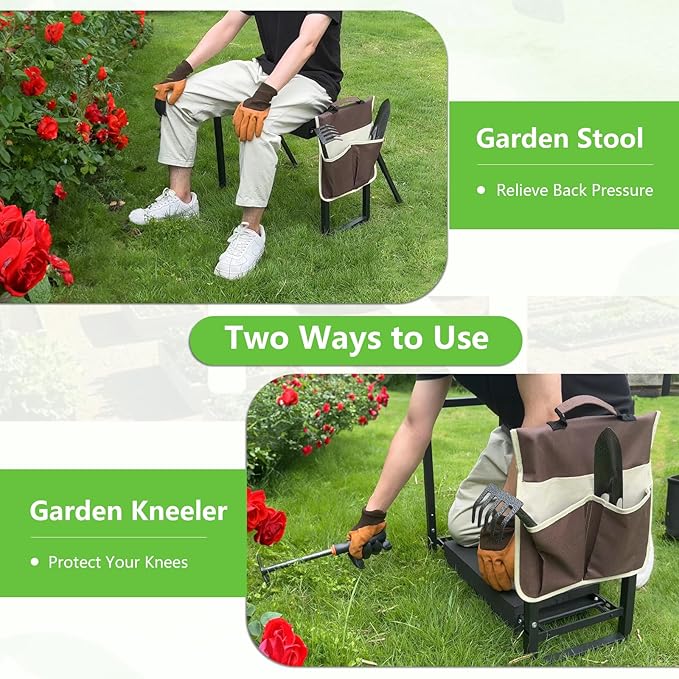 seasky Foldable Garden Kneeling and Seat, Anti-Tipping Garden Stool Widened Thick Soft Kneeling Pad，Heavy Duty Gardening Stool with Garden Tool Bag, Gardening Gift for Women(Without Gloves)