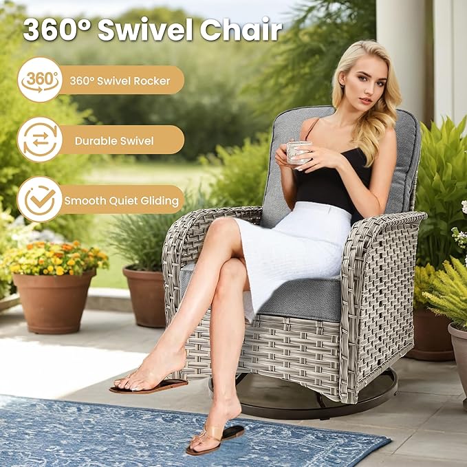 HOOOWOOO Outdoor Sectional Furniture Set,8 Pieces Wicker Patio Conversation Sets,L Shape All Weather Outside Couch Sofa Set with Swivel Chairs Solar Light Table Ottoman,Charcoal Gray