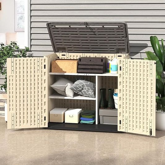 30 Cu.Ft Outdoor Storage Shed, Multi-Purpose Weather-Resistant Utility Shed for Garbage Cans, Lawn Mower, Garden Tools, Waterproof Resin Horizontal Cabinet with Pad-Lockable Doors (Khaki)