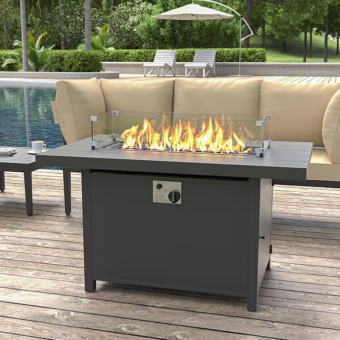 Kurapika Aluminum Propane Fire Pit Table 45 Inch 55,000 BTU Auto-Ignition, CSA Certification Outdoor Gas Fire Pits with Slide Out Tank Holder, Outdoor Fire Tables Wider Desktop, Windshield and Lid