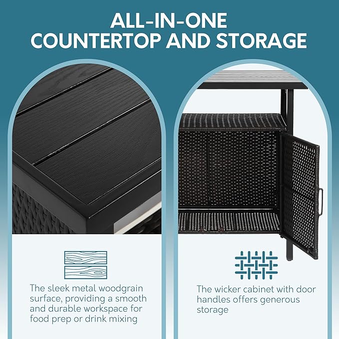 Outdoor Indoor Storage Cabinet with Rolling Wheels, Patio Serving Cart with Bar Table and Wicker Cabinet, Kitchen Island Prep Table, Black