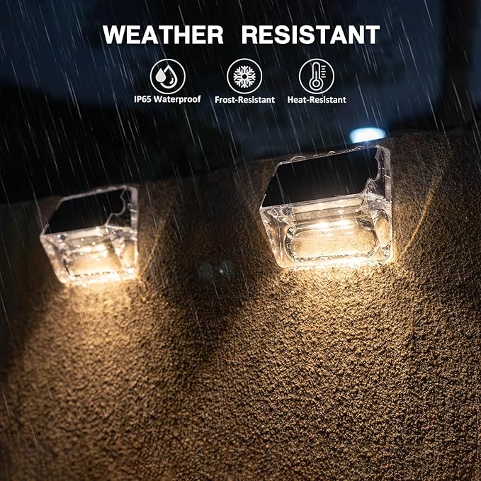 Solar Outdoor Lights, 8 Pack Solar Fence Deck Lights, Waterproof Outside Lighting for Step Railing Wall Pool Stair Yard Garden Patio Pool Decorations (Warm White)