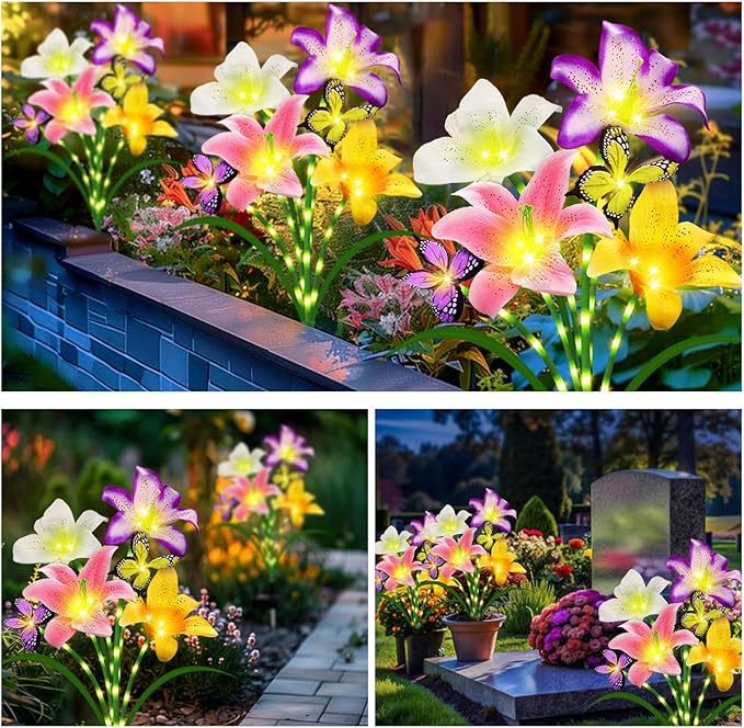 Solar Garden Lights 6 Pack 24 Lily Flowers with Butterfly Decor, Waterproof Solar Flower Lights for Outdoor - Upgraded Decorative Lilies for Yard, Patio, Pathway Decorations & Gardening Gifts