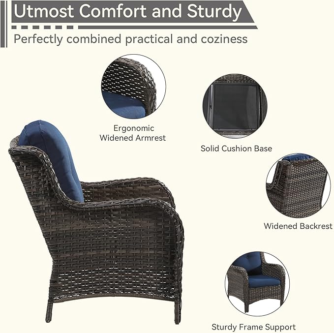 3 Pieces Outdoor Patio Chairs Set - Wicker Patio Conversation Sets with 1 Side Table, Olefin Fabric Cushions Suitable for Backyard Deck and Porch,Blue