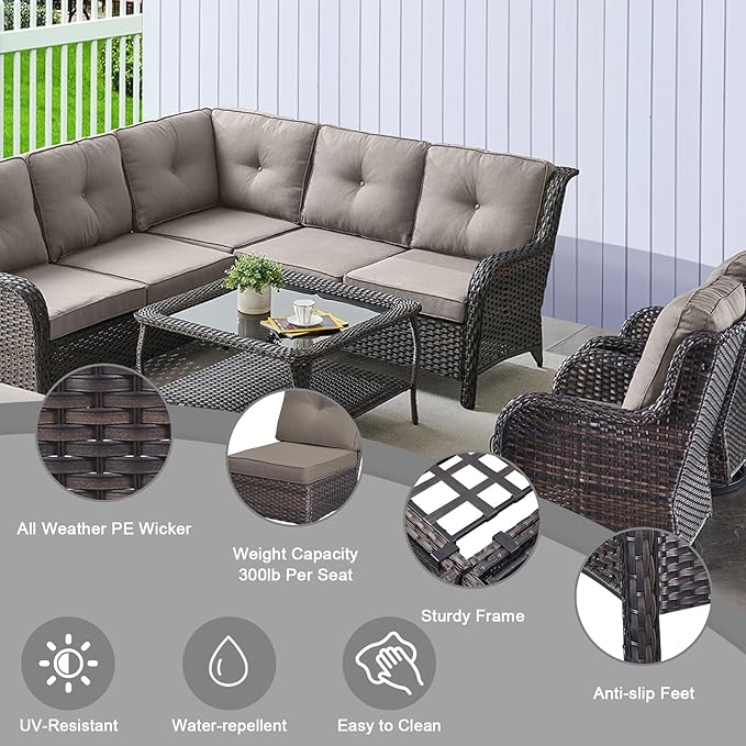 HUMMUH 8 Piece Patio Furniture PE Wikcer Outdoor Furniture Set with Sectional Sofa Swivel Patio Chairs Ottomans and Glass Coffee Table for Yard,Garden,Lawn