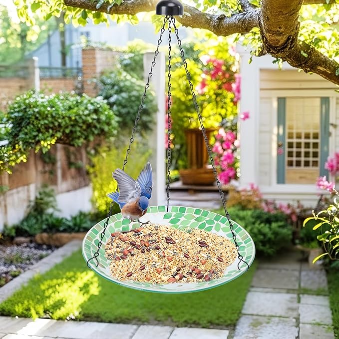 VCUTEKA Hanging Bird Bath, Glass Mosaic Bird Baths for Outdoors Birdfeeder with 21 inch Rust-Proof Chain for Garden Yard Decor