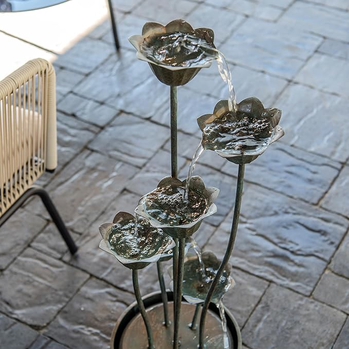 XBrand Freestanding Sculptural Metal Multi-Tiered Flower Water Fountain, No LED Lights, Silver, 35" Tall