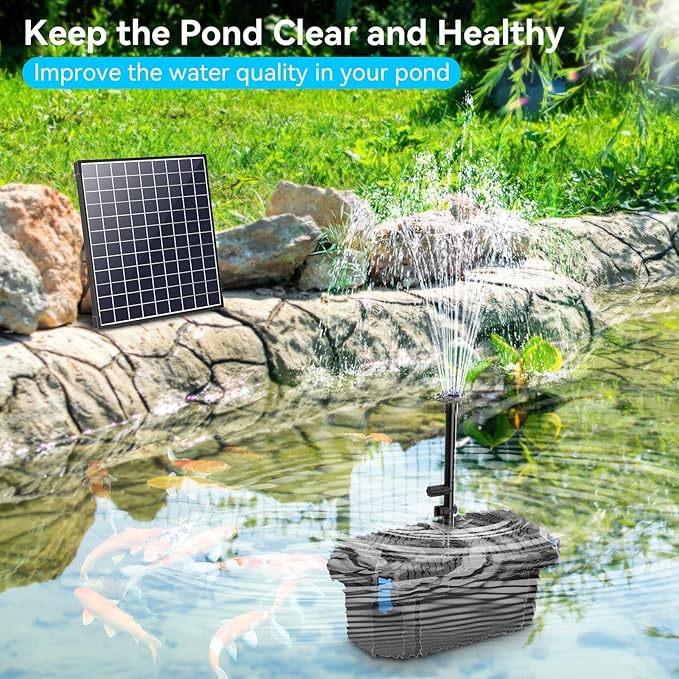 POPOSOAP Solar Water Pump with Pond Filter, 25W Solar Pond Filter with Fountain Pump Water Flow Adjustable, Pond Filter with Tubing for Outdoor Ponds Fish Tank Pool Garden Water Feature Waterfall