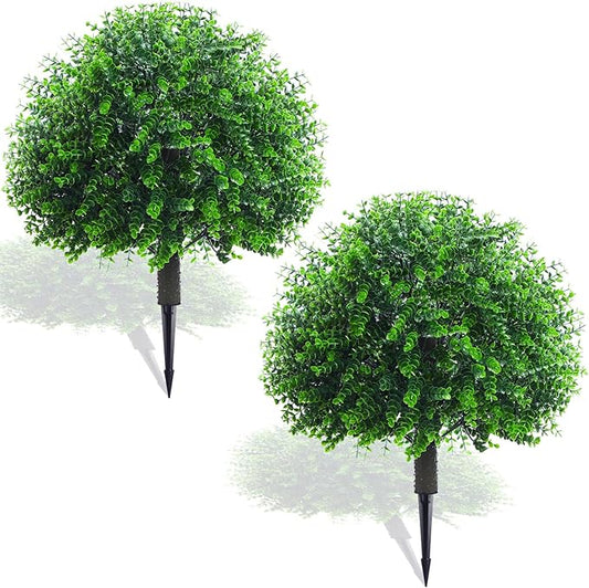 Yunlly 2 Pcs 18 Inch Artificial Boxwood Ball Topiary Tree Fake Outdoor Plants Bush, UV Resistance Faux Shrubs with Spike Realistic Greenery Potted for Indoor Garden Yard Porch Patio Decor (Green)
