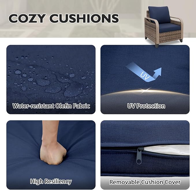 EAGLE PEAK Modern Wicker Outdoor Chair, Patio Chair Curved Armrest, Rattan Patio Furniture for Yard Deck Porch Garden, 2 Chairs 2 Ottomans, 4 Pieces, Brown/Blue