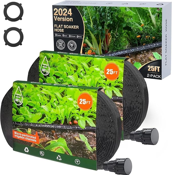 Lefree Soaker Hose 50 FT for Garden Irrigation, Soaker Hose for Lawn and Flower Beds, 2024 Upgraded Flat Soaker Hose Saves 80% Water, Flexible Durable Drip Hose for Trees, Shrubs.(25FT*2Pack)