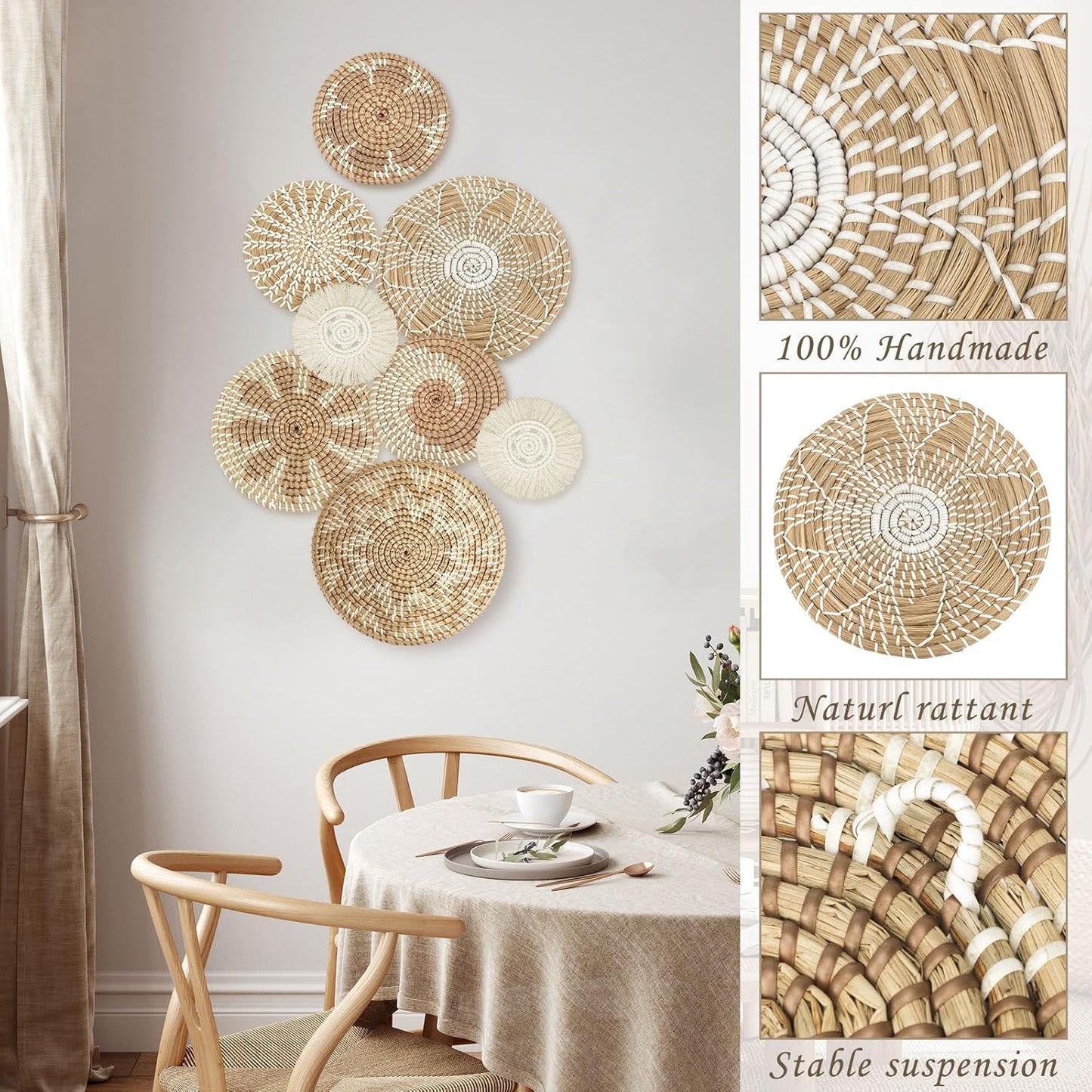 Xuhal Set of 8 Hanging Woven Wall Basket Handmade Decorative Rustic Boho Basket Decor Handcrafted Wicker Round Seagrass Wall Art for Home Kitchen Farmhouse Table Living Room(Classic)