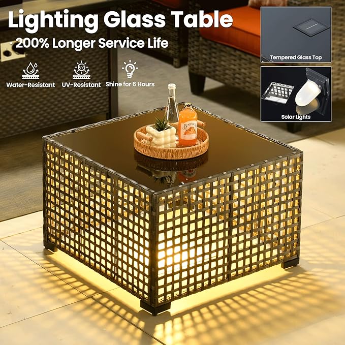 ovios 8 Pieces Patio Furniture Set Outdoor Sofa Couch with Solar Lights Table Comfy Cushions, Modern Deep Seat Wicker Rattan Conversation Set for Porch Deck, Orange Red