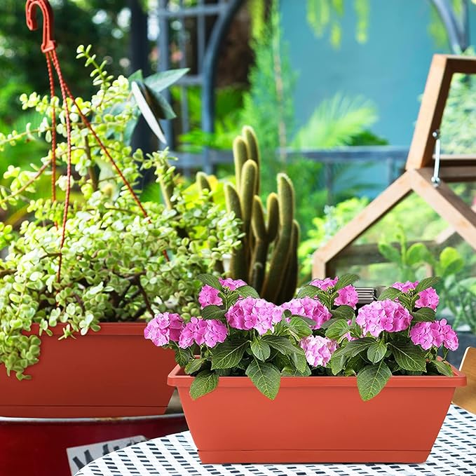 Window Box Planter, 12 Pack Plastic Vegetable Flower Planters Boxes 17 Inches Rectangular Flower Pots with Saucers for Indoor Outdoor Garden, Patio, Home Decor (Brick red)