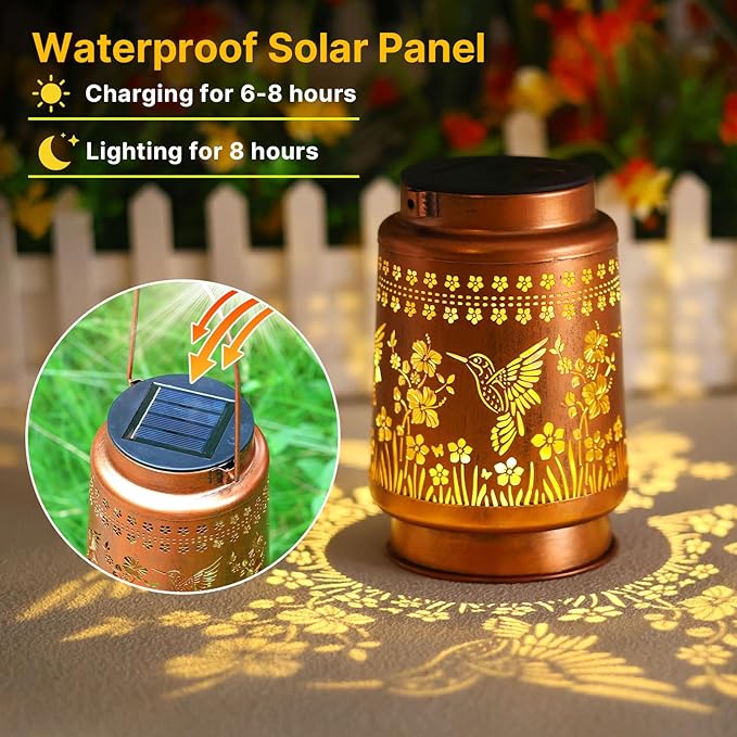 2 Pack Hummingbird Solar Lanterns Outdoor Waterproof Hanging Solar Lights Gifts for Women Metal LED Lanterns Outside for Garden, Yard, Patio, Lawn, Porch