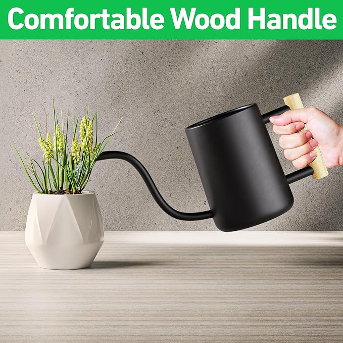35 Ounce Metal Small Indoor Watering Can with Long Spout & Real Wood Handle for House Plants, Succulents, Cacti & Seedlings - Black Long Spout Watering Can Indoor Plants - Gentle Flow & No Spills