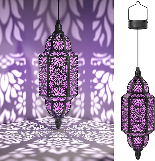 Twinkya Hanging Solar Lights Outdoor Garden Decorative Solar Lantern Waterproof Metal Moroccan Outdoor Decorations for Patio Pathway Yard Porch Backyard Garden Decor (Purple, 1 Pack)