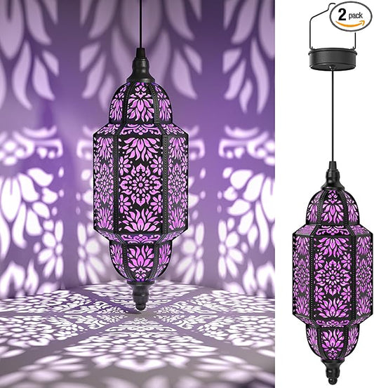Twinkya 2 Pack Hanging Solar Lights Outdoor Garden Decorative Solar Lantern Waterproof Metal Moroccan Outdoor Decorations for Patio Pathway Yard Porch Backyard Garden Decor (Purple, 2 Pack)