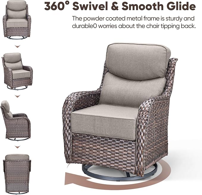 Swivel Patio Chairs sofa Set of 4 with 6" Thick Cushion - Wicker Outdoor Swivel Rocker Patio Chair ,Sofa/Glass coffee table, High Back Comfortable Outdoor Glider Chairs - Brown Wicker Grey Cushions