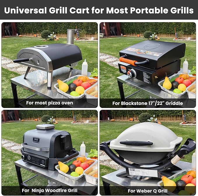 Pizza Oven Table for Ninja Woodfire, Blackstone, Cuisinart, 32x24 Inch Stainless Steel Outdoor Grill Prep Cart with Hooks, Portable Food Station