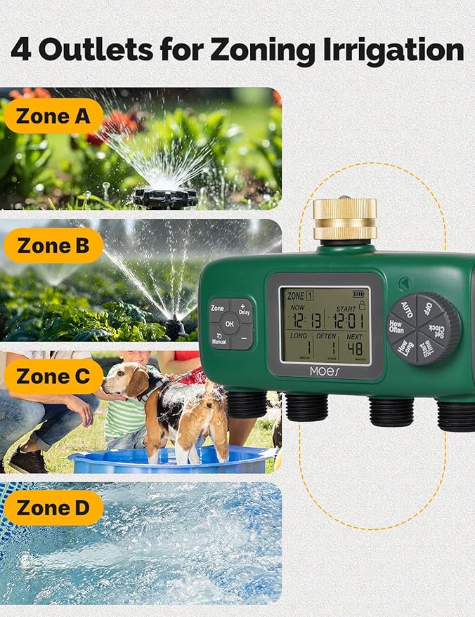 MOES 4 Outlet Sprinkler Timer, Brass Inlet, Programmable Automatic Irrigation Controller, Rain Delay, Manual Watering, 4 Zone Water Hose Timer for Gardens, Lawns, and Hose Systems