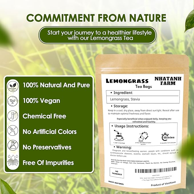 NHAT ANH FARM - Premium Lemongrass Tea Bags, 100 Lemongrass Tea Bags, 100% Natural Dried Lemongrass, Naturally Sweet Herbal Tea, Sugar-Free, Caffeine-Free, No Additives