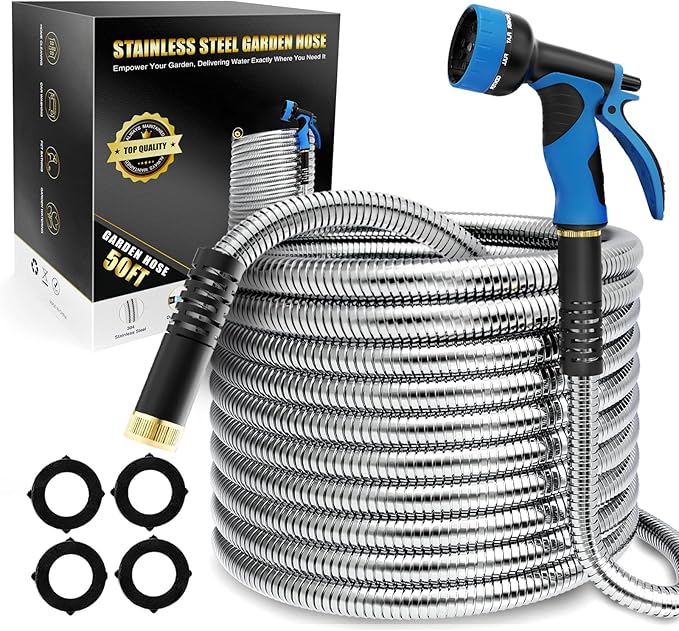 Lefree Garden Hose 50ft, Stainless Steel Garden Hose Metal, Flexible Water Hose with 10-Function Nozzle, Crush Resistant, Leak Proof, No Kinks Heavy Duty Hose for Yard, Outdoors, Rv
