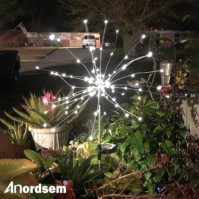 Anordsem Solar Fireworks Lights Outdoor: Garden Light Waterproof for Yard Outside - LED Starburst White Lighting Patio Pathway Decor 2 Pack - Sparkler Gardening Gifts for Women Homeowner