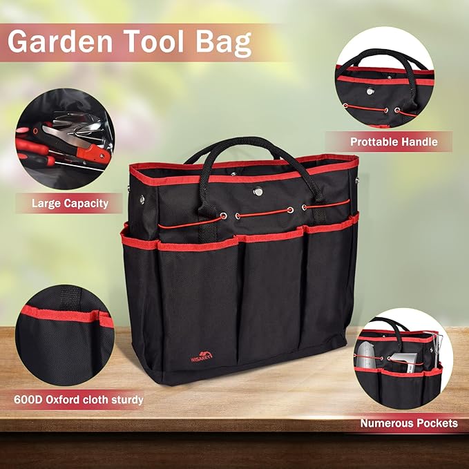 Red Gardening Tools, WisaKey 9 Piece Stainless Steel Heavy Duty Garden Tools, Red Gardening Hand Tools with Non-Slip Ergonomic Handle, Garden Tote Bag, Gardening kit, Gardening Gifts for Women and Men