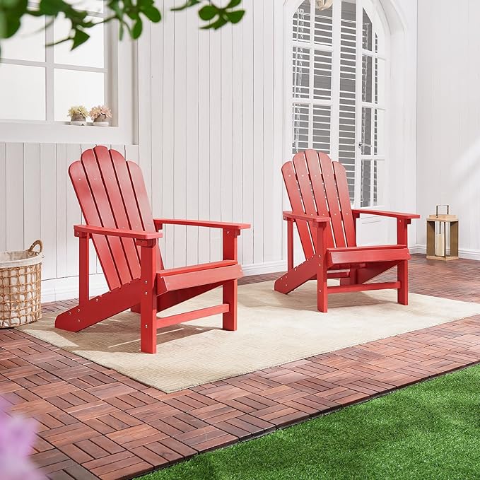 Psilvam Classic Adirondack Chair, Standard-Sized Poly Lumber Fire Pit Chair, 350Lbs Support Weather Resistant Patio Chairs for Garden, Party, Beach(Red)