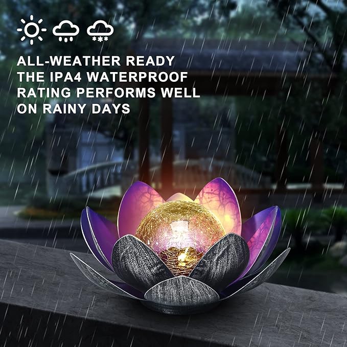 WNP Solar Powered Outdoor Decorative Lights Waterproof Lotus Flower with Crackle Glass Globe and Metal Base for Garden Patio Pathway Yard Tabletop Decor,Birthday Gift for Mom Sister Grandma