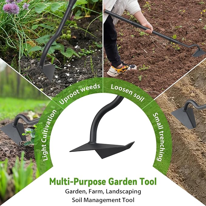 Garden Hoe, Heavy Duty Plow Hoe Garden Tool for Plowing,Cultivating, Trenching, Ridging, Weeding, Loosening Soil, 55 Inch Long Handle, V Shaped Sharp Triangle Hoe, Gardening Hand Tools