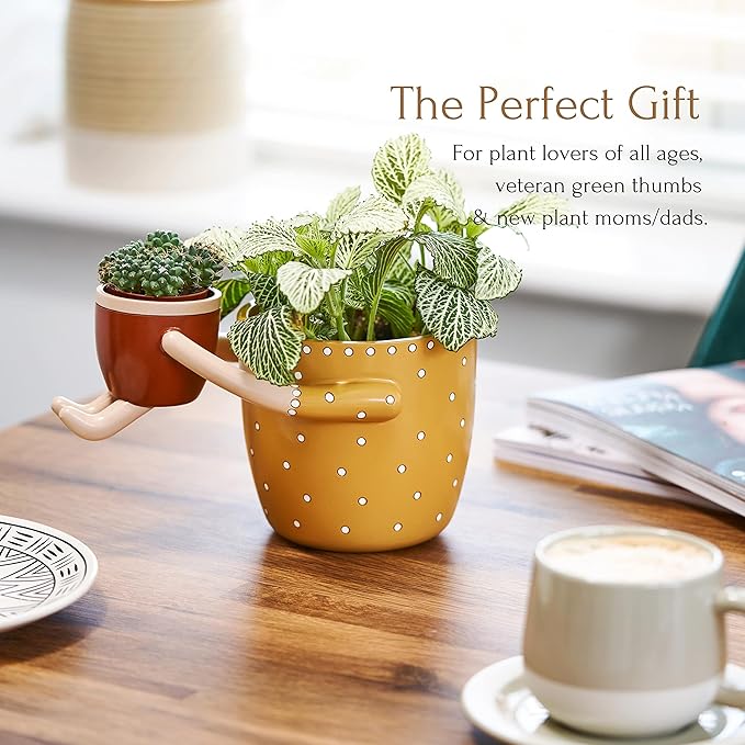 VIRTUNE Adorable Plant Pots. 5" Flower Pot & 2" Small Pot with Drainage. Gifts for Plant Lovers, Indoor Planters, Small Plant Pots, Cute Pots (Mustard)