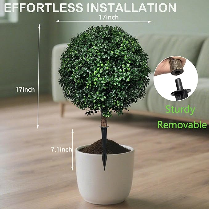 Artificial Boxwood Topiary Ball Tree Outdoor Set of 2,Artificial Boxwood Plants with Ground Spike,Faux Shrubs Fake Evergreen Tree UV Resistant,Diameter 17"