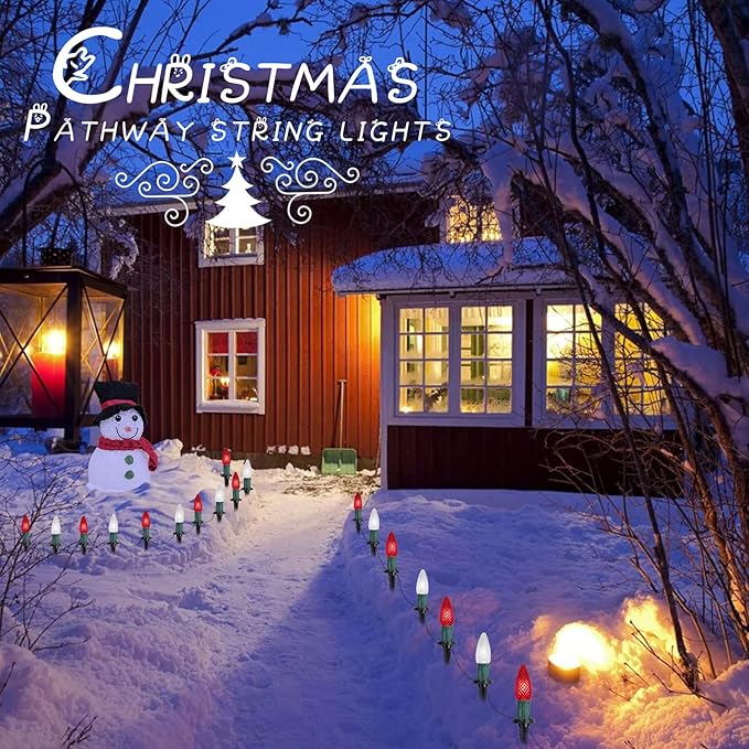 C9 LED Christmas Lights Outdoor with Stakes, 25.7 Feet 20 LED C9 Strawberry String Lights, Connectable Shatterproof Pathway Lights Marker for Path, Lane, Patio, Xmas Holiday Decorations, Red and White