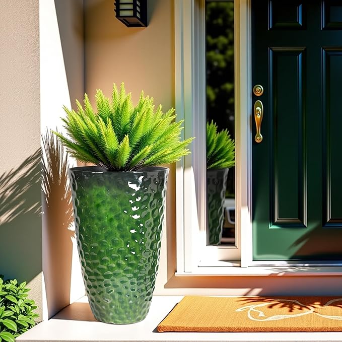 Worth Garden 14" Dia x 24" H Large Plastic Planters with Drainage Hole, Set of 2 Hammered Texture Green Glossy Smooth Finish, Tall Round Decorative Flower Plant Pot for Indoor Outdoor, Front Porch