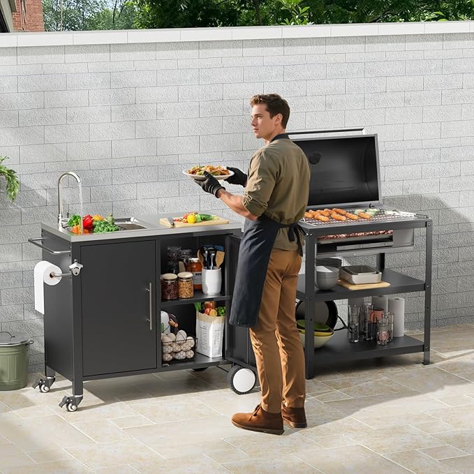 Outdoor Grill Table with Sink, Grill Cart with 304 Stainless Steel Sink and Cabinet, Outdoor Grill Cart,Outdoor Cart Sink Station with Wheels, 38in x 18in x 35in