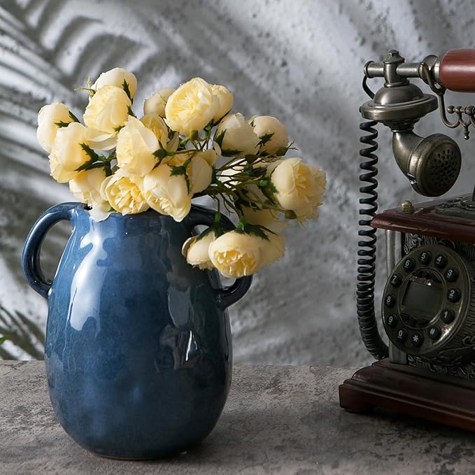 Blue Ceramic Vase with 2 Handles - Modern Farmhouse Rustic Terracotta Decorative Clay Boho Vase for Pampas Grass and Home Decor