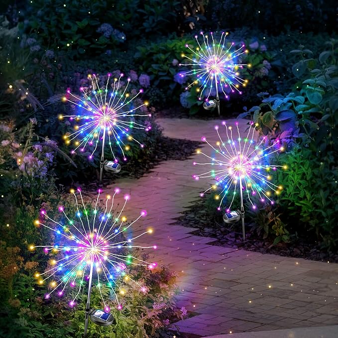 Anordsem Solar Fireworks Lights for Garden: Fairy Light Waterproof for Yard Outdoor Decorations - Sparkler Stick Powered for Patio 120 LEDs - Starburst Lamp Multi-Color Party Pathway Lawn 4 Pack