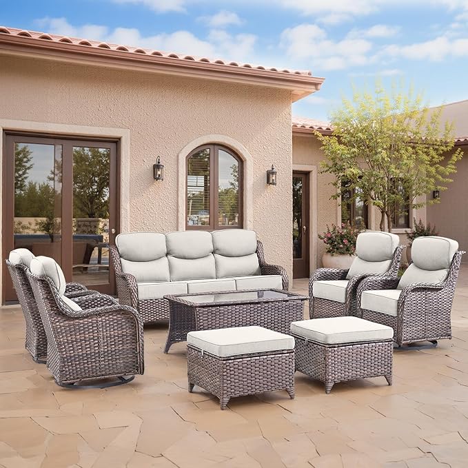 Swivel Patio Chairs sofa Set of 4 with 6" Thick Cushion - Wicker Outdoor Swivel Rocker Patio Chair ,Sofa/Glass coffee table, High Back Comfortable Outdoor Glider Chairs - Brown Wicker | Beige Cushions