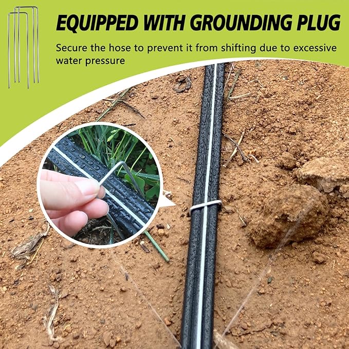 Sprinkler Flat Soaker Hose 50 ft (25 ft 2-pack) with Garden Staples and Splitters, PVC Drip Line Irrigation Hose for Lawn, Garden Beds